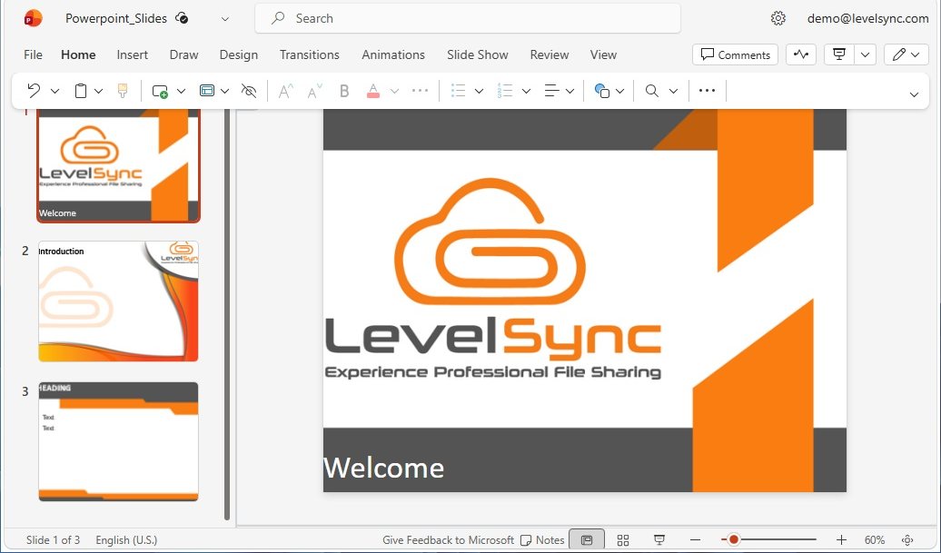 Eine Präsentation, geöffnet zur Bearbeitung in PowerPoint für das Web, direkt aus LevelSync gestartet.
