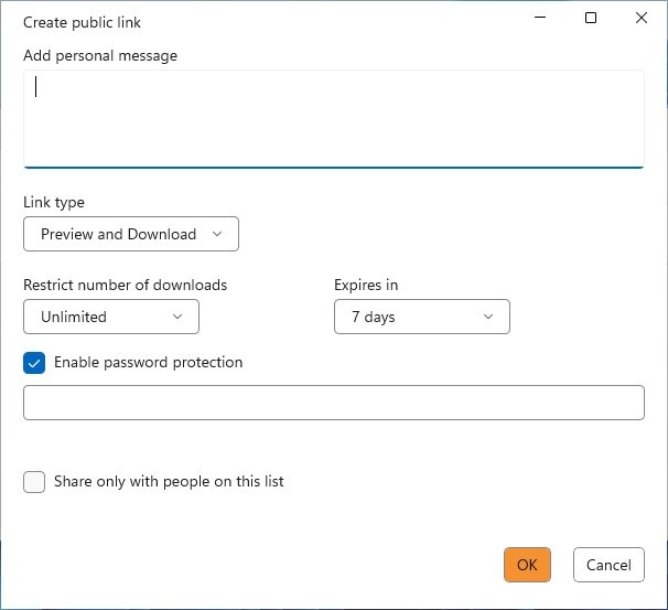 Der Dialog zum Erstellen eines öffentlichen Links mit aktiviertem Passwortschutz, 7 Tagen Gültigkeit, Auswahl des Linktyps und einem Download-Limit.